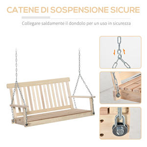 Outsunny Balançoire d'extérieur suspendue pour 2 personnes en bois et chaînes métalliques, couleur naturelle 119x65x61cm - Product Image 5