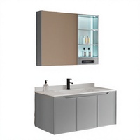 Lemari Cermin Kamar Mandi Kayu Solid Modern Fullkenlight High-gloss dengan Lampu LED, Terpasang di Dinding, Dilengkapi Jam LED Pintar