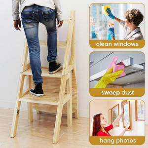 Wooden Ladder Chair 4 Tier Foldable Step <b>Stool</b> Bookshelf Storage Rack Living Room Office Organizer - Product Image 3
