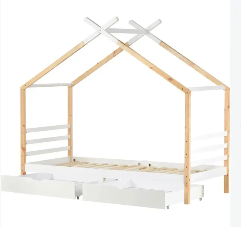 Cama individual de 90x190cm para niños, Casa con dos cajones de almacenamiento, casa del árbol, madera de pino sólida