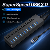 Hub USB 3.0 de 13 Puertos con Alimentación, 5Gbps, 13 Puertos USB-A, Interruptores de Encendido Individuales, Material ABS, en Stock, Garantía de 12 Meses