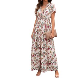 Floral Print V-neck Long <b>Dress</b> <b>Elastic</b> Waist Casual Daily Wear Short Sleeve Maxi <b>Dress</b> - Product Image 5