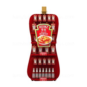 Étagère de présentation sur pied en métal de forme personnalisée avec étagères et crochets pour la promotion de la sauce ketchup et des condiments en supermarché - Product Image 3