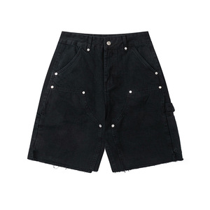 <span class=keywords><strong>Shorts</strong></span> Cargo da <span class=keywords><strong>Uomo</strong></span> Stile Carpenter in Twill di Cotone 100% <span class=keywords><strong>Denim</strong></span> Nero Effetto Consumato Vintage Streetwear Personalizzati - Product Image 1
