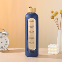 Bouteille d'eau en verre de 1000ml Rappel de temps Citations Bouteilles d'eau réutilisables sans BPA avec manchon en silicone Couvercle en bambou
