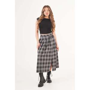 LUSTRIN Women's Gray Plaid Long <b>Skirt</b> with Elegant Belt Detail and Stylish Side Slit - Comfortable Cotton Blend Fabric for All - Product Image 4