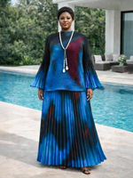 Ensemble coordonné élégant : Haut ample à motifs abstraits et jupe longue plissée - 100% Polyester, tenue africaine modeste pour tous les jours