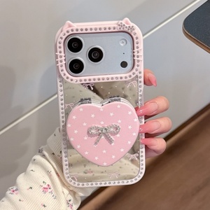 เคสโทรศัพท์ลายการ์ตูนคิตตี้รูปโบว์เพชรแบบใหม่ล่าสุดสำหรับสาวๆ วัสดุ TPU+อะคริลิค ป้องกันรอยนิ้วมือ กันกระแทก พร้อมกระจกแต่งหน้าแบบพับได้ - Product Image 3