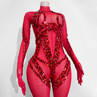 Combinaison rouge en maille transparente ornée de strass, avec col roulé et grandes pierres acryliques, pour spectacle de drag, danse Gogo, scène et costume d'Halloween