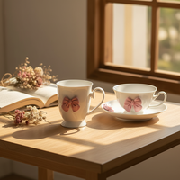 Ensemble Tasses à Café et Soucoupes pour Thé de l'Après-Midi, Design Céramique Nœud Papillon, Porcelaine Élégante et Mignonne, Blanc Rose, 200 ml