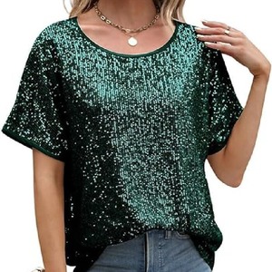 Women <b>Sequined</b> Loose Fit Asymmetric <b>Top</b> Short Sleeve Party Casual Blouse Sheer Layer - Product Image 4