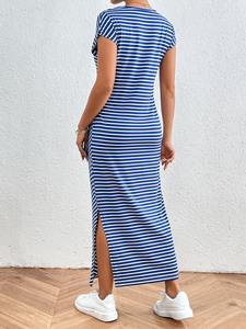Robe <span class=keywords><strong>longue</strong></span> rayée 2026, nouvelle robe rayée à la mode étrangère, coupe ajustée, taille cintrée, fente, col rond, pour femmes - Product Image 4