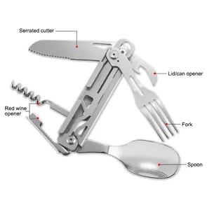 OEM 402 Stainless Steel Multi-functional Knife Fork Opener 6 In 1 Travel Accessories Folding Outdoor Camping kitchenware
