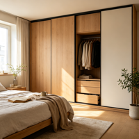 Système de placard en bois moderne sur mesure avec portes coulissantes et étagères réglables pour hôtel, appartement, chambre - Grand espace de rangement