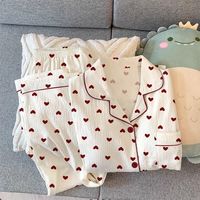 Pakaian Santai Wanita Motif Hati Merah Bahan Katun Kerut, Atasan Kancing Berkerah Lengan Panjang Celana Set Piyama Rumah Grosir