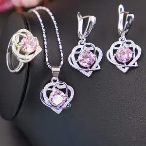 Luxury silver bridal heart necklace bracelet jewelry set for women wedding party earring ring gift