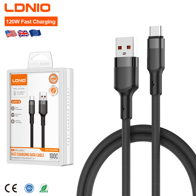 LDNIO LS351Q USB a to C Fast Charging Cable 120W Power 5 Core Structure Aluminum Alloy Anti Bending 1M 2M Data Cable for Choice