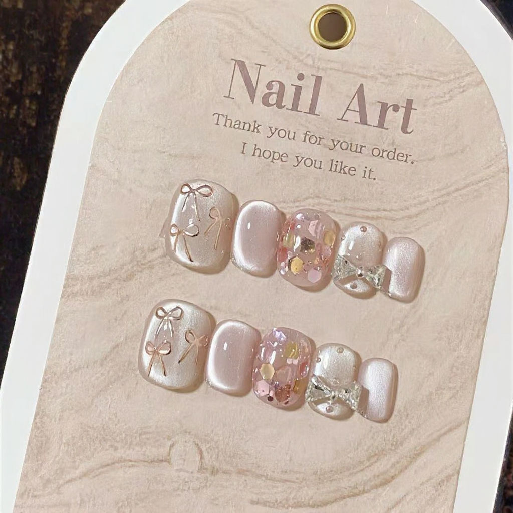 Qianya Kawaii Handmade Cat Eye Press on Nails with Dried Flower Bow Designs 10pcs Gentle Elegant Brightening Reusable Fake Nails