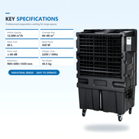 Refroidisseur d'air évaporatif mobile sur roulettes noir 12000 CMH, réservoir d'eau 60L, ventilateur de refroidissement d'air commercial facile à déplacer pour atelier