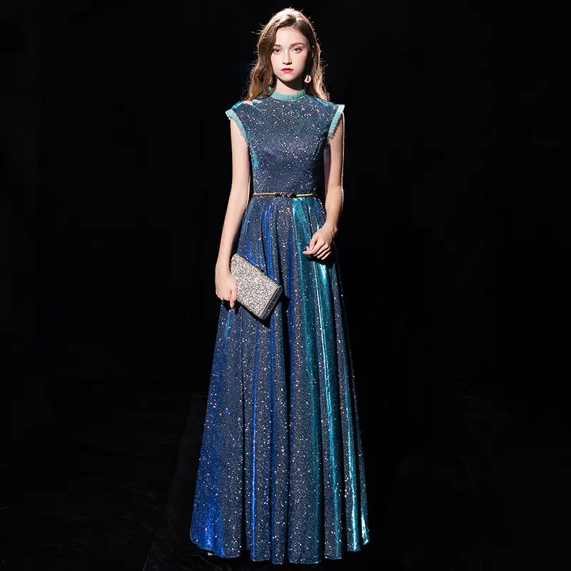 Glänzendes blaues ärmelloses Abendkleid mit Rüschen und Pailletten-Maxi-Bankett-Abendkleider