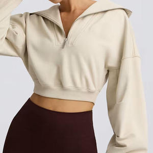 OEM Eco-Friendly Breathable Lined Lightweight Other Fabric Quarter-<b>zip</b> <b>Hooded</b> Drop Shoulder Ribbed Hem Women Cropped Sweatshirt - Product Image 1