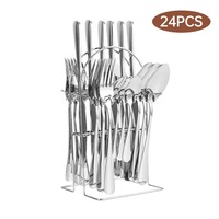 Ensemble de couverts en acier inoxydable arc-en-ciel de 24 pièces, fourchettes, cuillères, couteaux polis miroir irisés avec support suspendu doré