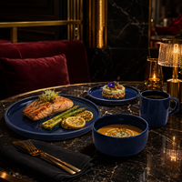 Service de table de luxe en grès céramique bleu foncé classique avec glaçure réactive, assiettes, bols et tasses compatibles lave-vaisselle pour usage domestique