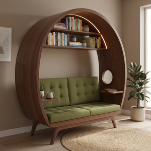 <b>Modern</b> Solid Wood Soft <b>Bed</b> Reading Pod <b>Sofa</b> <b>Bed</b> with Shelf Wall Nook Lounge Chair Minimalist for Home Office Hotel - Product Image 3