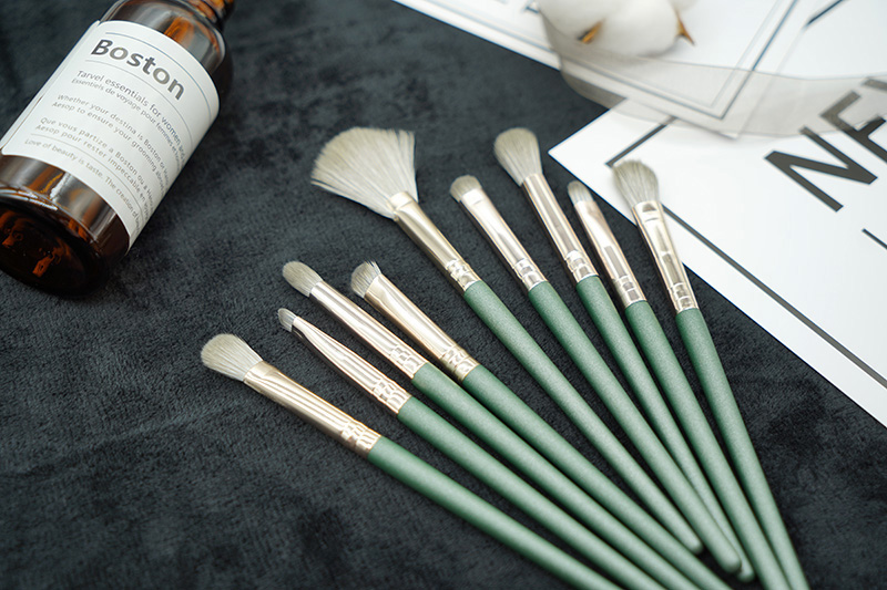 High Good Quality Low Moq Rose Gold Green Double Head Flat Eye Brow Shadow Contour Blending Brushes Full Kit Set Makeup Brush