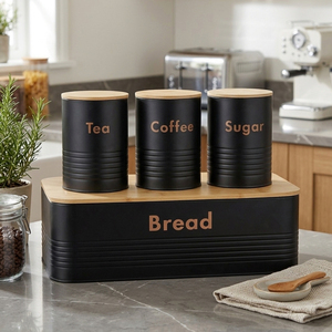 <span class=keywords><strong>Set</strong></span> Wadah Penyimpanan Roti dengan Tutup Bambu & <span class=keywords><strong>Set</strong></span> Wadah Penyimpanan Tutup Bambu Desain Lipat Mudah Dibersihkan untuk Kopi/Teh/Gula - Product Image 1