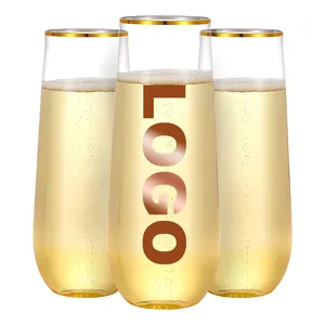 Copas de champán de borde dorado inastillable para boda, vasos de plástico transparente de 9oz, sin tallo
