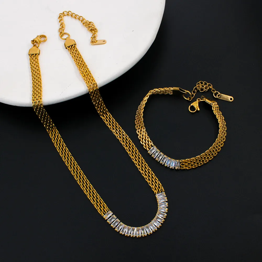 Simple chocker zircon stainless steel jewelry set tennis chain stitching mesh grinding chain necklace bracelet real gold plating