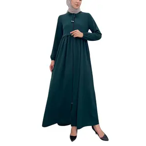 ใหม่สีทึบปิด abaya แขนยาวเจียมเนื้อเจียมตัวมุสลิม abaya พร้อมซิปด้านหน้าติดเข็มขัดเชือกขนาดเล็ก