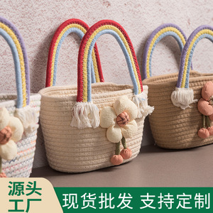 Bolso de Mano de Cuerda de Algodón Tejida Arcoíris, Bolso Tipo Cubo para Mujer con Decoración Floral, Ligero, para Bodas y Playa, Verano 2023 - Product Image 3