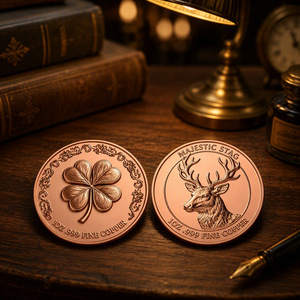Moneta commemorativa da 1oz in rame puro 999 con quadrifoglio e cervo maestoso, incisa su entrambi i lati, souvenir artigianale in metallo - Product Image 1