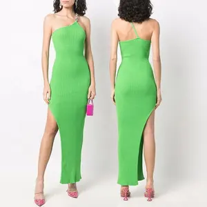 Hot selling fashion high quality dress one shoulder sleeveless sexy side slit rib knit extra long party women dress