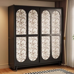 French Retro <b>Sliding</b> Door Wardrobe Solid Wood Bedroom Storage Hanging Closet Mid Range Style <b>Small</b> Apartment Use - Product Image 1