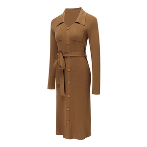 Produttore di Abbigliamento su Misura, <span class=keywords><strong>Abito</strong></span> <span class=keywords><strong>Camicia</strong></span> <span class=keywords><strong>Midi</strong></span> in Maglia di Lusso con Maniche Lunghe e Bottoni per Donna, Elegante e Modesto - Product Image 2