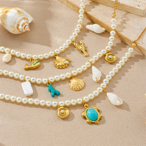 Pearl Necklace With Gold Plated Marine Life Charms Turtle Dolphin Shell Pendant Everyday Wear Jewelry - Product Image 1