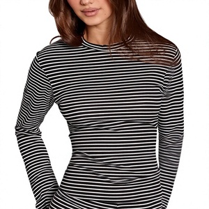 Factory Direct OEM Made Women's 2 Pieces Lounge <b>Set</b> Long Sleeve Stripe O-Neck T-Shirt & <b>Sexy</b> Hot Pant Shorts 240 GSM 100% Cotton - Product Image 4