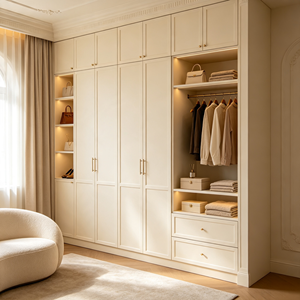 Armoire sur mesure encastrée avec portes shaker crème, <span class=keywords><strong>étagère</strong></span>s ouvertes et tiroirs <span class=keywords><strong>pour</strong></span> <span class=keywords><strong>chambre</strong></span> à coucher - Vente en gros - Product Image 2