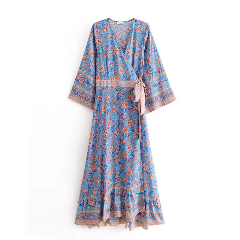 فستان ماكسي بوهيمي للسيدات, فستان ماكسي بوهيمي بكم واسع باللون الأزرق مزين بطباعة الورود