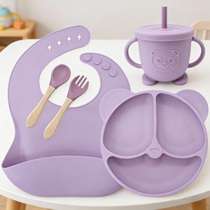 Ensemble de vaisselle en silicone de qualité alimentaire pour bébé, motif dessin animé, assiette d'alimentation complémentaire pour bébé avec points imprimés - Product Image 2