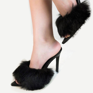 Sandalias de tacón de aguja de piel sintética personalizadas para mujer, estilo mules, con tacón alto y fino, ajuste ancho, peludas y esponjosas - Product Image 1