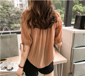 <span class=keywords><strong>Camicetta</strong></span> da donna in chiffon a righe verticali, con <span class=keywords><strong>spalle</strong></span> <span class=keywords><strong>scoperte</strong></span>, scollo rotondo, due modi di indossare, maniche a sbuffo con laccetti, per il lavoro, tutti i giorni, casual, appuntamenti - Product Image 5
