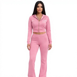 Conjunto de Sudadera Corta con Cremallera y Pantalones Acampanados de Cintura Alta Rosa para Mujer con Logotipo Personalizado - Chándal de Dos Piezas - Product Image 1