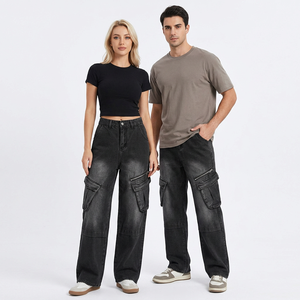 Pantalones Cargo de Cintura Alta, Denim Lavado, Corte Holgado, Color Sólido, Estilo Casual, Ropa Urbana de Otoño, Jeans para Hombre y Mujer - Product Image 3