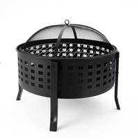 Brasero d'extérieur rond en fer avec grille de protection anti-étincelles et grille à bois, revêtement en maille à découpe carrée