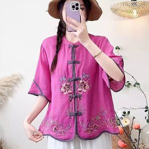 Women's Cotton Linen Shirt Rose Pink Chinese Embroidery Folded Buttons Loose Fit Breathable Everyday Wear - Product Image 4