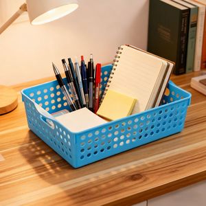 Storage Basket Rectangle White Plastic Desktop Organizer For Cosmetics <b>Makeup</b> Storage <b>Drawer</b> Container With Handles - Product Image 5